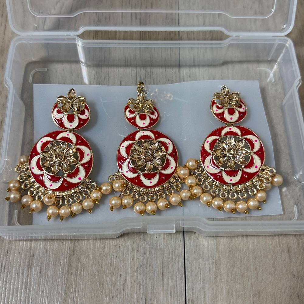 Red & Gold Enamel Chandbali Earrings with Pearl Drops – Festive Indian Jewelry